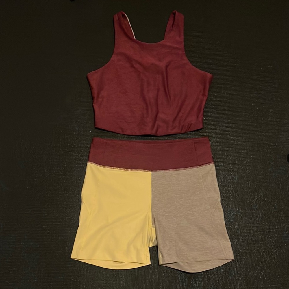 Outdoor Voices Colorblock Bike Shorts - Burgundy, Yellow, Beige